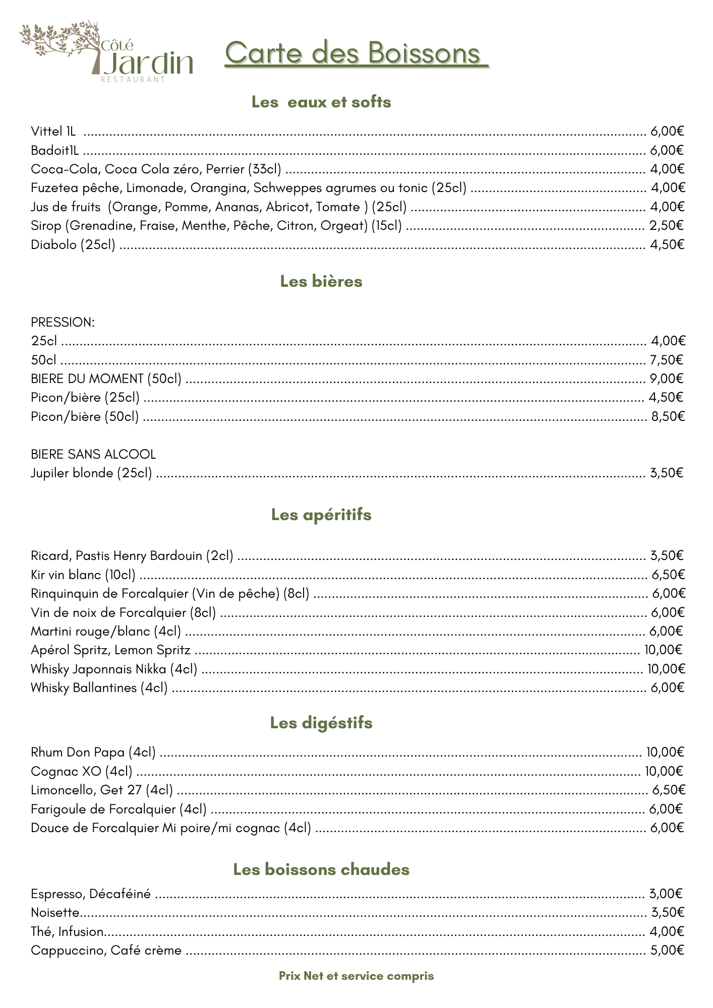 Carte des Boissons – Côté Jardin