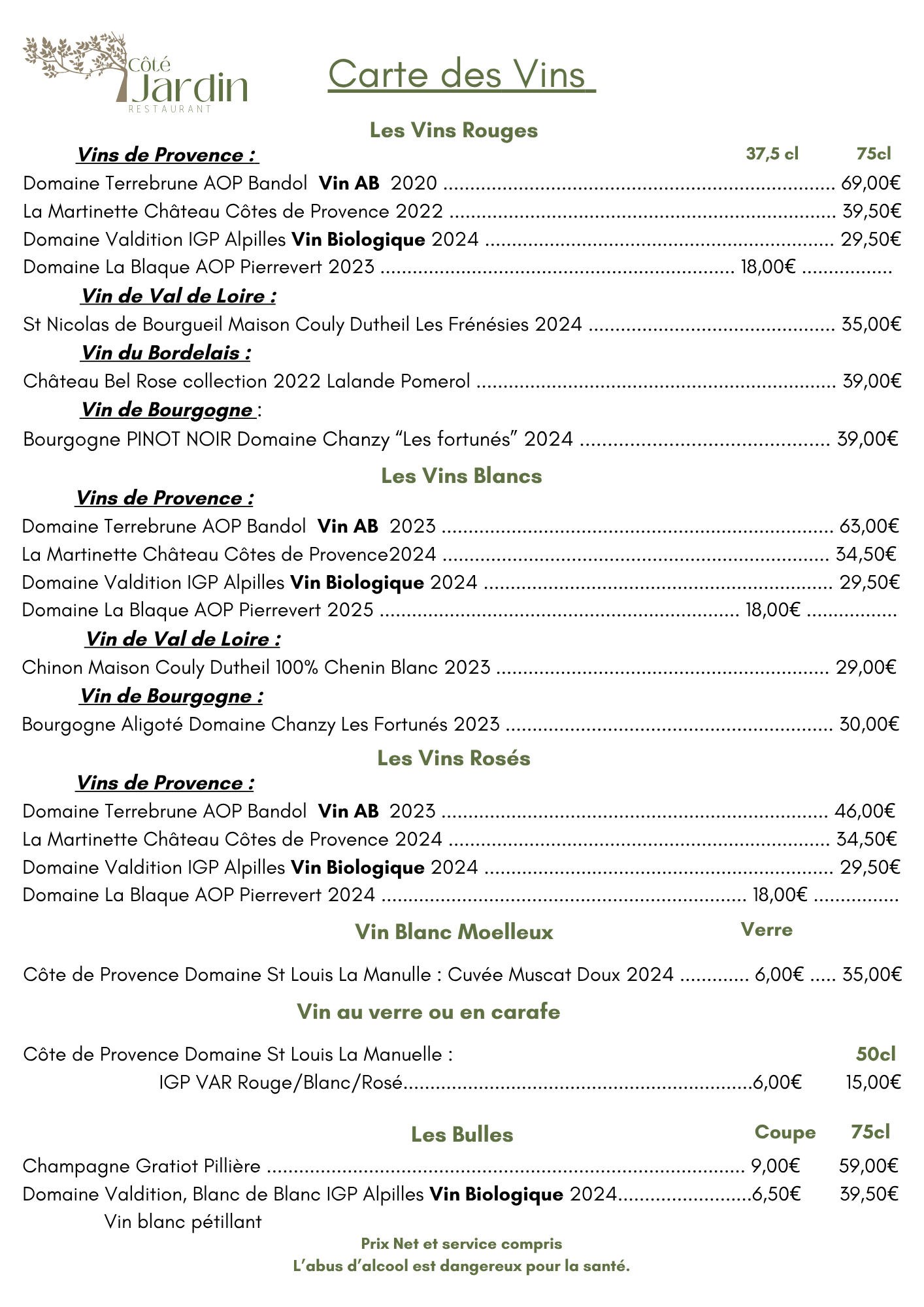 Carte des Vins – Côté Jardin